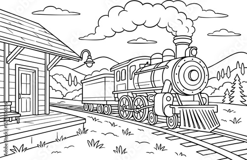 Steam train at rural station in black and white line art
