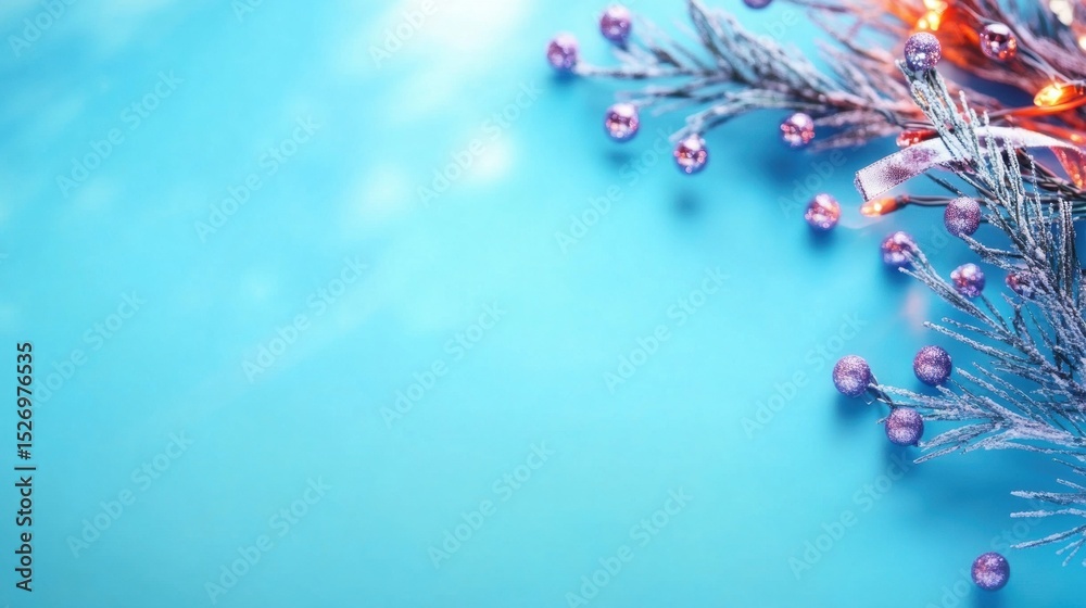 Fototapeta premium Bright holiday decorations with purple baubles and lights on a blue background