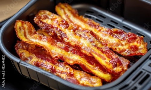 Crispy bacon strips are arranged neatly in an air fryer basket, exhibiting a rich golden-brown hue. Perfectly cooked, they are an enticing addition to any meal or snack craving.