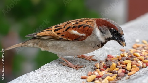 A small brown and gray sparrow is pecking at a variety of seeds and pellets scattered on a stone surface. The background features blurred greenery under bright daylight.