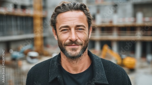 A man stands confidently at a construction site, smiling warmly at the camera.