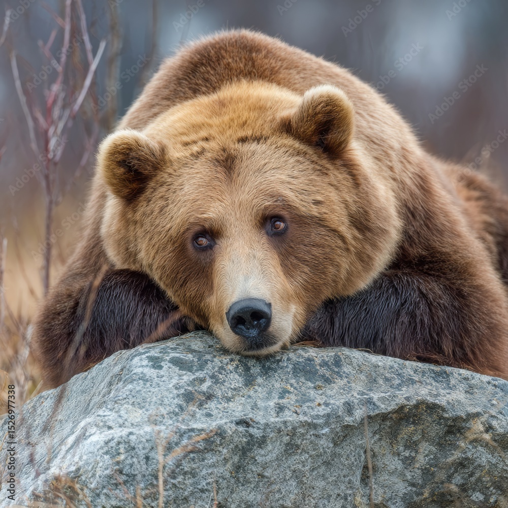 Obraz premium A Brown Bear Resting on Rock, Calmly Gazing