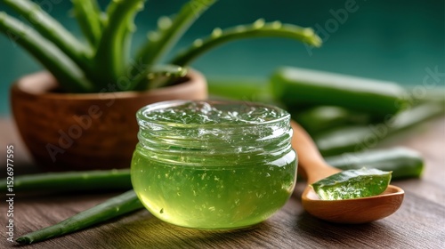 Natural aloe vera gel is placed in a clear jar beside fresh aloe leaves. The setting highlights a bright kitchen atmosphere, emphasizing the freshness and advantages of aloe.