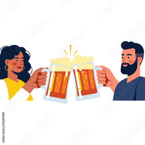 Man and woman clinking beer mugs in celebration with foam overflowing  