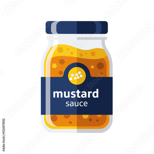Mustard sauce jar with blue label and yellow contents in flat style  