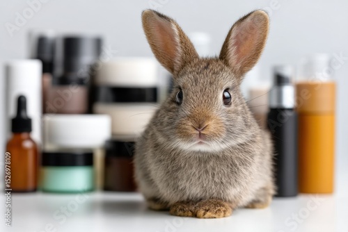 A small gray rabbit curiously poses in front of an assortment of skincare products on a clean white background, creating a charming blend of pets and beauty care elements.