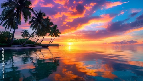 A tropical over view sea beach sunset with palm trees and nature cloudly background