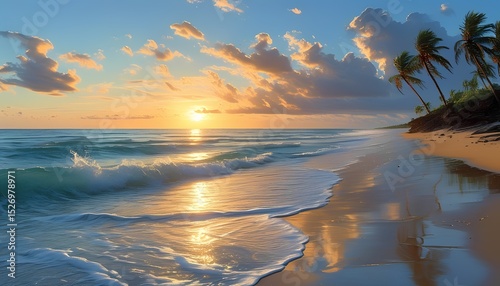 Serene beach scene with gentle waves lapping the shore golden sand palm trees swaying in the breeze and the sun dipping below the horizon casting reflections on the water