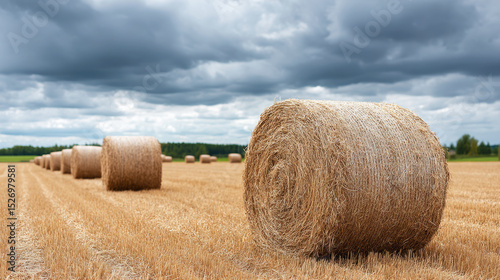 Harvested hay bales scattered across golden stubble field, soft cloudscape highlighting rural tranquility under warm evening lighting