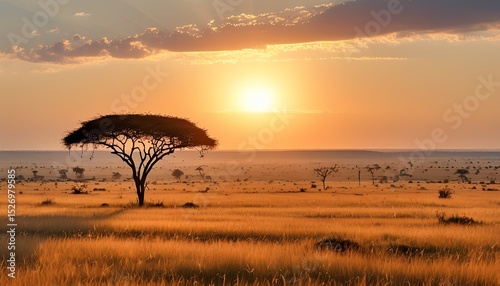 A wide African savanna with golden grass scattered acacia trees and the sun setting low on the horizon casting long shadows and a hazy orange glow across the landscape
