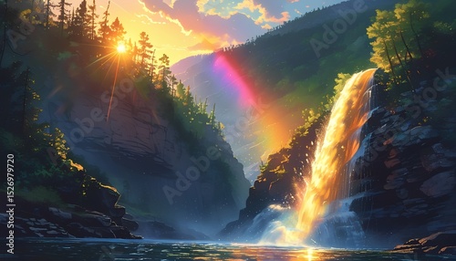 A majestic waterfall in a forested canyon glowing in the last light of day. Mist rises at the base catching the sunlight and creating subtle rainbow effects