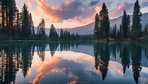 A still northern lake surrounded by tall pines with the sunset sky mirrored perfectly on the water’s surface. A peaceful quiet moment in untouched nature