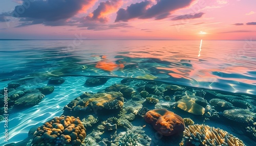 A tropical shoreline with shallow crystal-clear water over coral reefs glowing in the setting sun. The sky is a blend of soft pinks and oranges mirrored in the water
