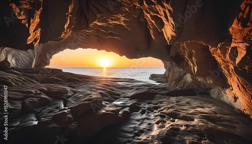 A view from inside a natural cave looking out at a sunset over a vast landscape. The warm light floods into the cave illuminating textured rock walls