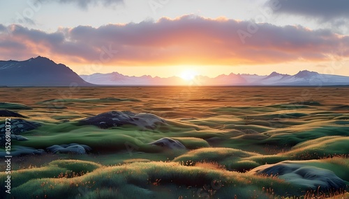 A vast flat tundra with patches of moss and low shrubs glowing in soft sunset light. Distant mountains fade into the warm horizon