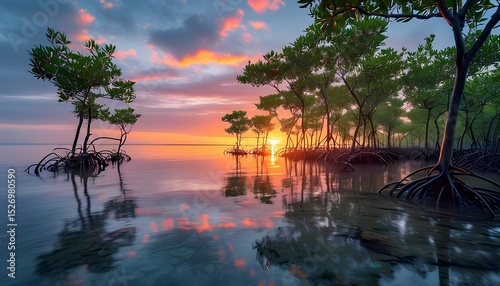 A tangle of mangrove trees along the shoreline during sunset with their roots exposed above calm water. The light reflects off the still surface between the trunks