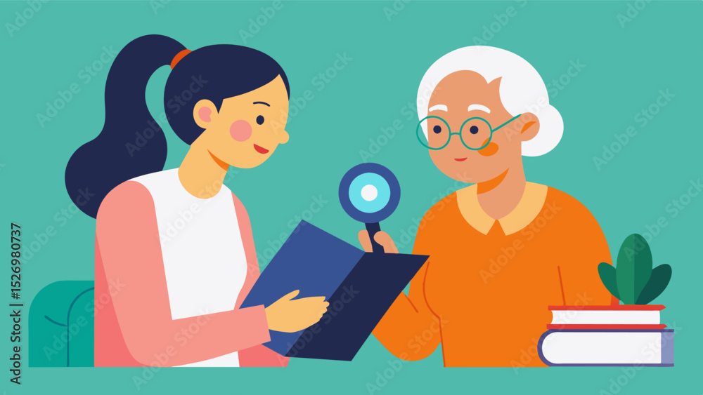 A woman visits her elderly mother who has recently been diagnosed with cataracts. She brings a stack of audiobooks and sits with her mother who uses a magnifying glass to read. Vector illustration A woman visits her elderly mother who has recently been diagnosed with cataracts. She brings a stack of audiobooks and sits with her mother who uses a magnifying glass to read. Vector illustration