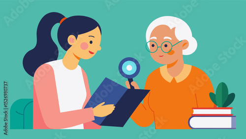 A woman visits her elderly mother who has recently been diagnosed with cataracts. She brings a stack of audiobooks and sits with her mother who uses a magnifying glass to read. Vector illustration