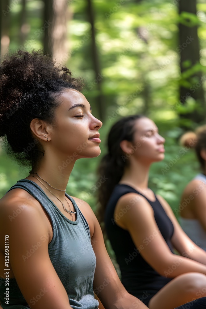 Fototapeta premium Young woman with curly hair is meditating peacefully in a serene forest setting, surrounded by greenery, embodying tranquility and mindfulness in nature's embrace