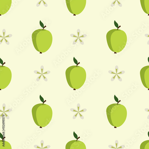 Green apples and flowers in a minimalist style in green and white colors symbolize freshness and nature. Seamless vector pattern