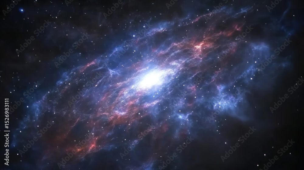 Naklejka premium Vast expanse of space filled with glowing nebulae and countless stars.