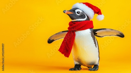 Penguin wearing festive Christmas Santa hat and red scarf against bright yellow background. Cute holiday concept showcasing playful, cheerful winter spirit and seasonal joy, funny animal