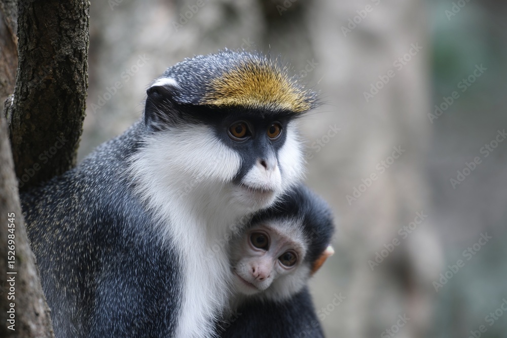 Fototapeta premium Mother monkey cuddling baby in natural forest setting