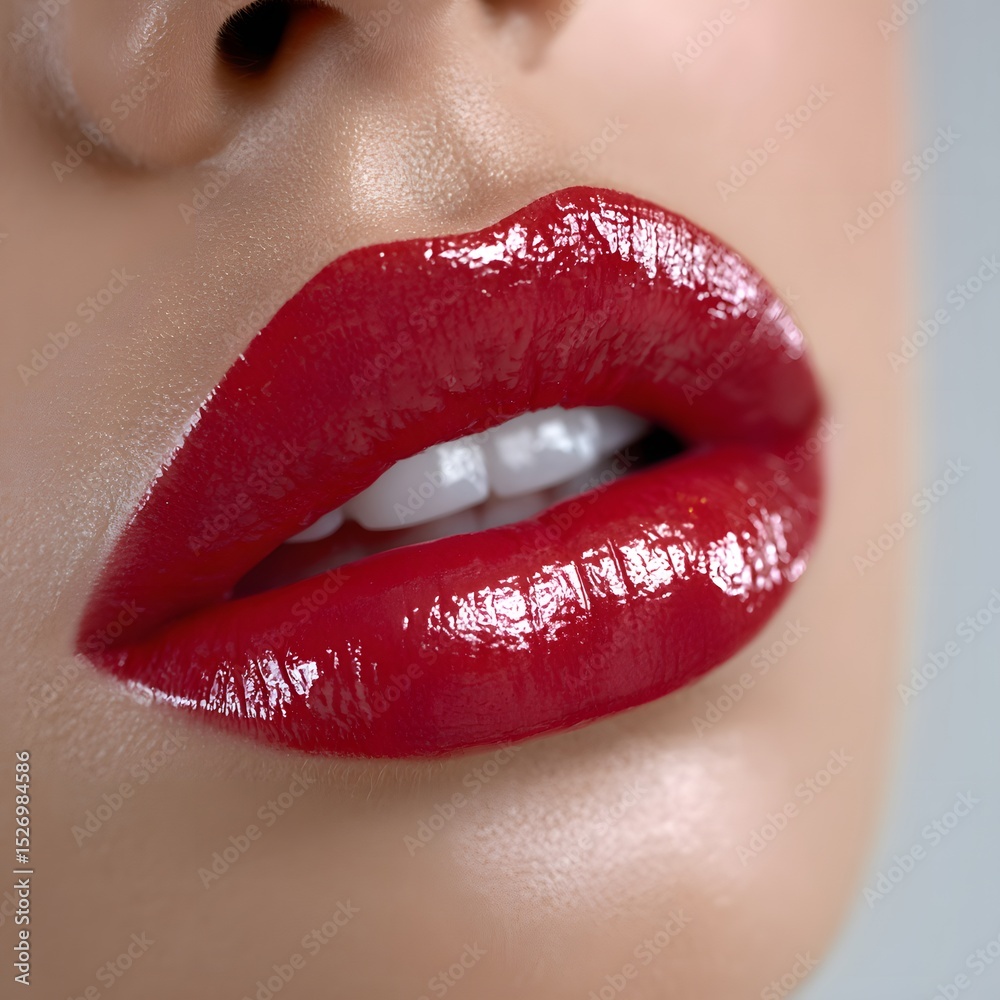 Fototapeta premium Close-up of woman's lips, glossy red lipstick, teeth visible