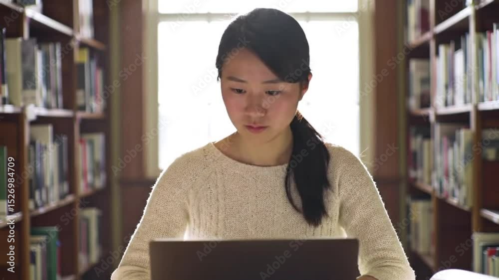A student studying with a laptop in a library