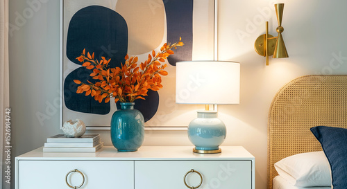 Stylish bedroom interior featuring a modern nightstand adorned with a decorative vase of orange flowers, a lamp, and abstract wall art creating a cozy atmosphere