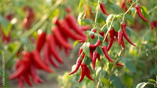Vibrant red chili peppers clustering on natural branch. Close-up details reveal fresh, ripe peppers in natural growing position. Concept: food photography, spice industry, culinary arts