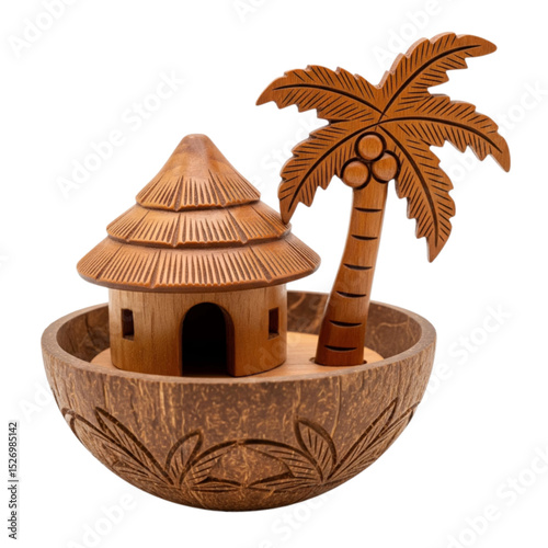 Beautiful and attractive wooden life miniature hut and palm tree inside a coconut shell isolated on white background