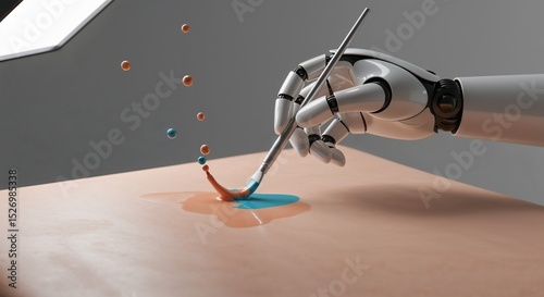 Metallic robotic hand painting with a brush on human skin canvas