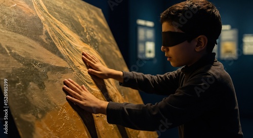 Blind boy exploring textured painting in tech museum exhibit