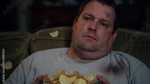 Overweight man sits on a couch and eats unhealthy potato chips from a bowl while watching tv at night with a bruise on his forehead for concepts like unhealthy lifestyle