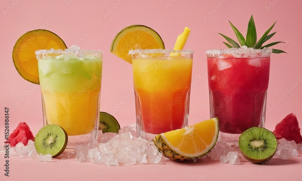 Fototapeta premium Colorful Fruity Summer Drinks with Ice and Fresh Fruit Garnish Displayed on a Pink Background Creating a Refreshing and Inviting Scene