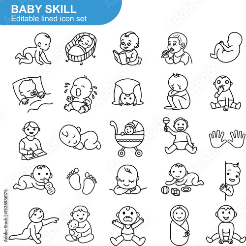 Baby skill icon set in line art style. Cute vector illustrations of infant activities, emotions, milestones, postures, learning stages, crawling, sleeping, feeding, playing, and development
