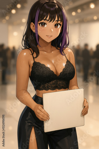 Elegant Anime Woman in Black Lace Top Holding Blank Sign at Fashion Event 