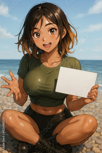 Smiling Anime Girl Sitting on Pebble Beach Holding Blank Sign 