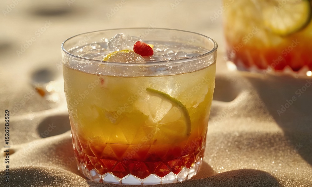 Refreshing summer cocktail served on the sandy beach at sunset light Refreshing summer cocktail served on the sandy beach at sunset light