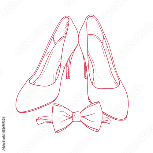 Elegant high heels and a bow tie arranged for a wedding ceremony in a stylish illustration
