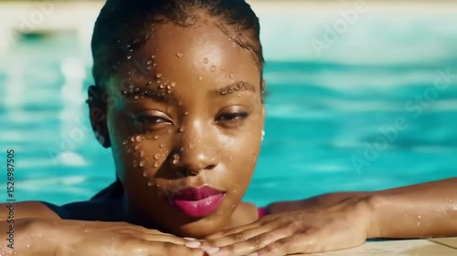 Close up portrait of a confident young African American woman relaxing in a swimming pool with water droplets on her face enjoying a summer day in the clear turquoise water