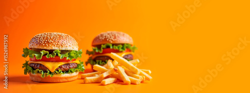 Cheeseburgers with fries on vibrant orange background, fast food concept with bold color and appetizing detail.