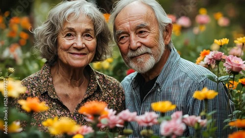 Happy Elderly Couple Smiling in Flower Garden
