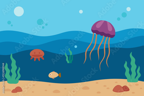 Vibrant Underwater Scene Jellyfish, Fish, and Ocean Life Illustration