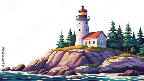 Vector illustration of a small lighthouse on a rocky island at dusk perfect for serene seascapes, nautical themes, and tranquil coastal designs