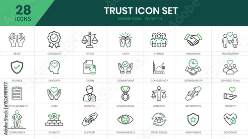  Trust best solid icon set collection. Reliance, responsibility, reliable, credibility, friends, ethics, assurance, belief, confidence, faith, handshake and vector illustration.
