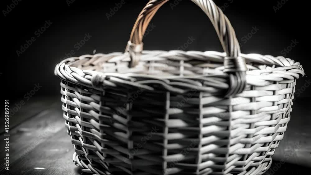 Handwoven willow basket with handle resting on dark wood surface, offering storage and rustic charm with intricate wicker details.
