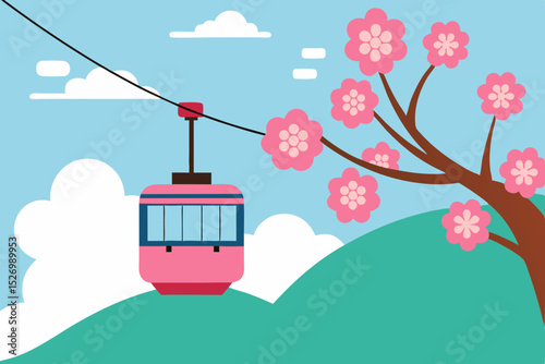 Scenic Cable Car Ride Amidst Blooming Cherry Blossoms A Springtime Escape