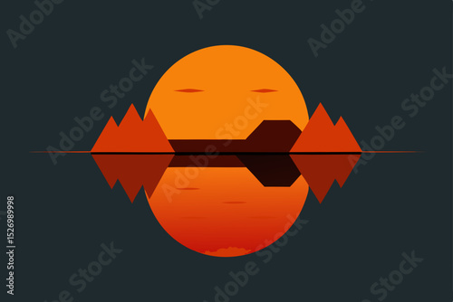 Geometric Sunset Landscape Minimalist Orange Sun Reflection Illustration